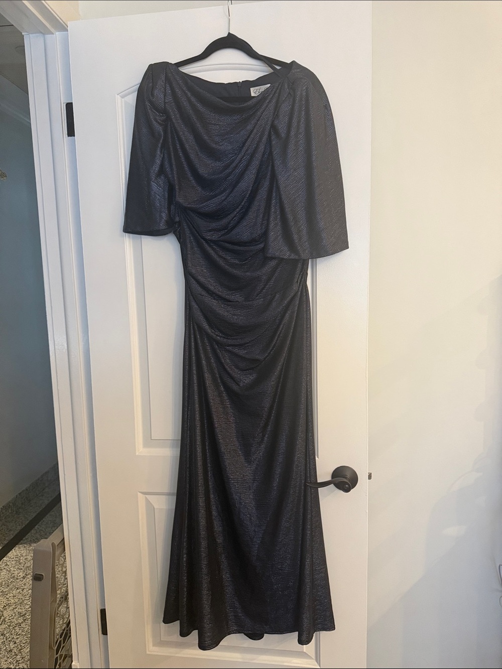 Eliza J Navy Shimmer Maxi Dress with Draped Front